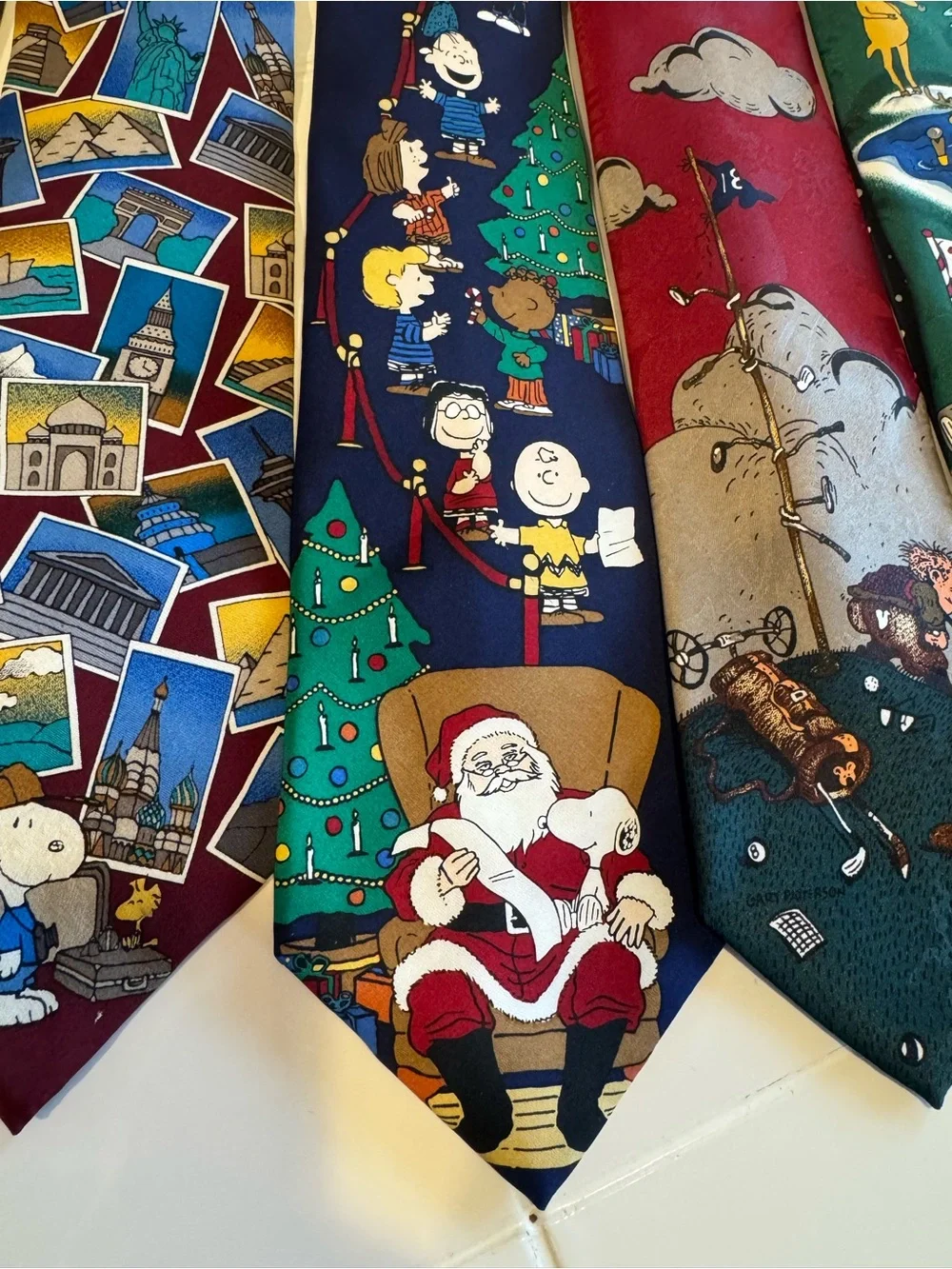 Vintage Novelty Necktie Lot of 5 Peanuts Christmas Golf Elephant Travel Ties